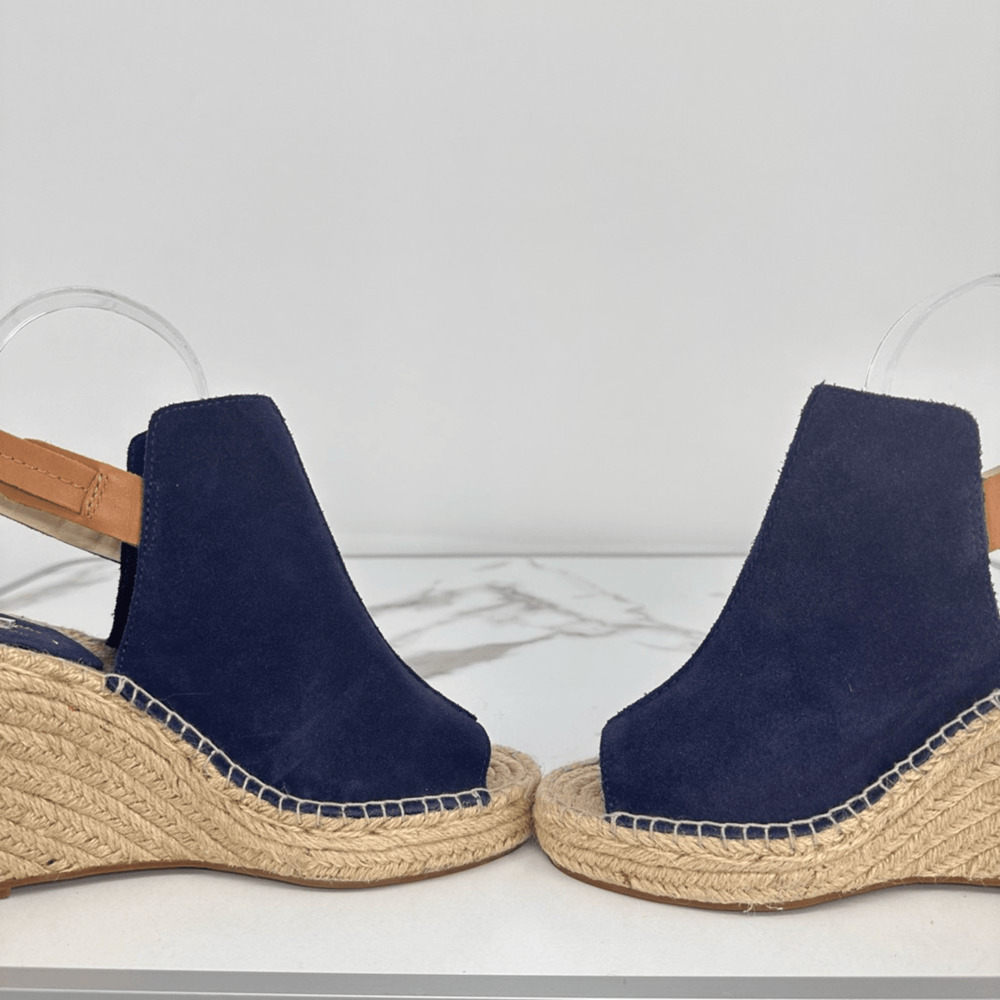 Seychelles Wedges Espadrille Sandals Suede Leather Size 8.5 Navy Blue Coastal Na - Picture 6 of 11
